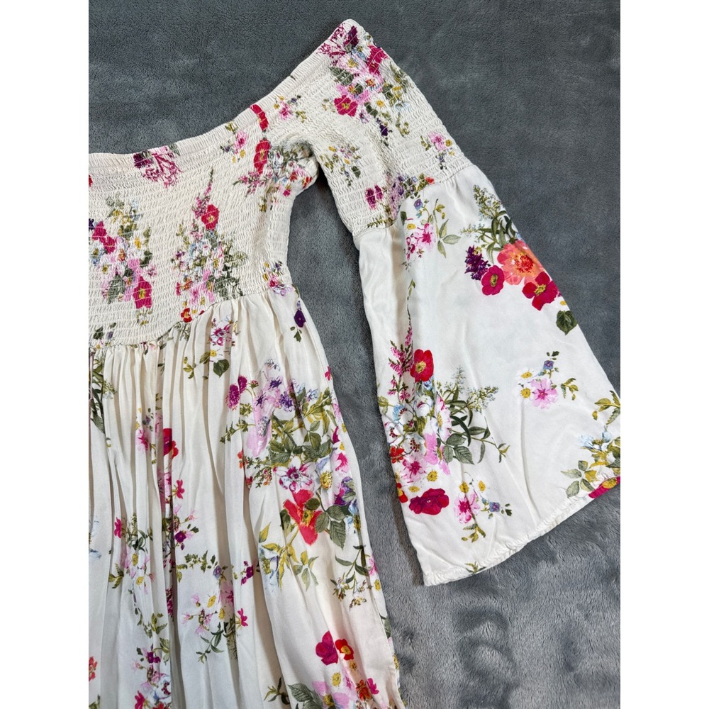 Torrid Floral Smocked Off Shoulder Bell Sleeve Mini Dress White Size 1 (XL) Boho - Picture 3 of 16